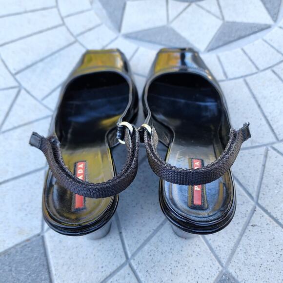 Prada Black Sport Patent Leather Peep Toe Wedge Slingback Sandals 41 - Picture 9 of 13